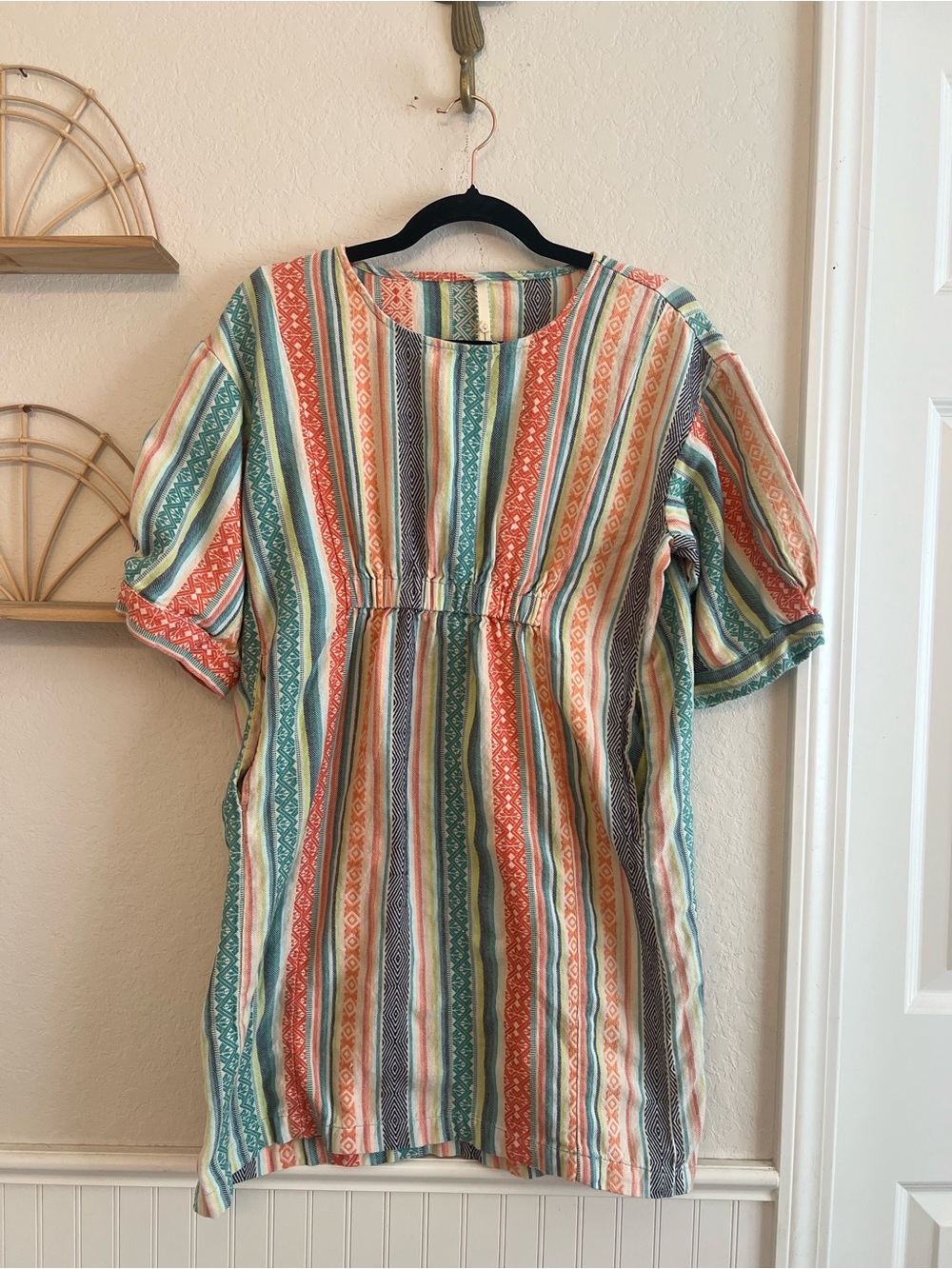 Uncle Frank Boho Woven Stripe Tunic Dress Medium 100% Cotton